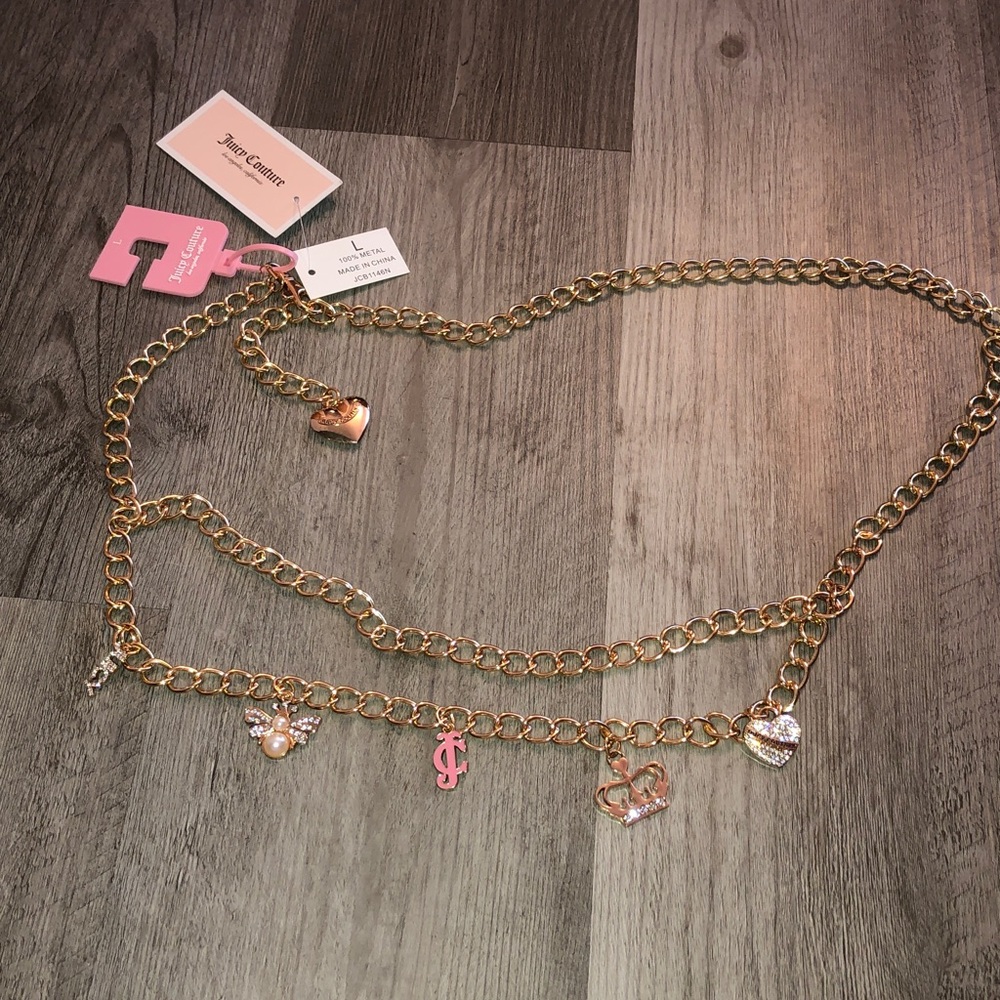 Juicy Couture Gold Tone Draped Chain Belt With 5 Dangling Charms Size L NWT